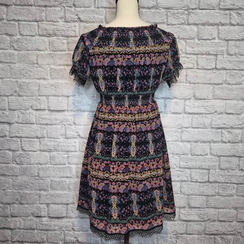 Sui Anna Sui Smocked Boho Peasant Dress Black Lace Multicolor Tribal Print Sz S - Picture 8 of 11